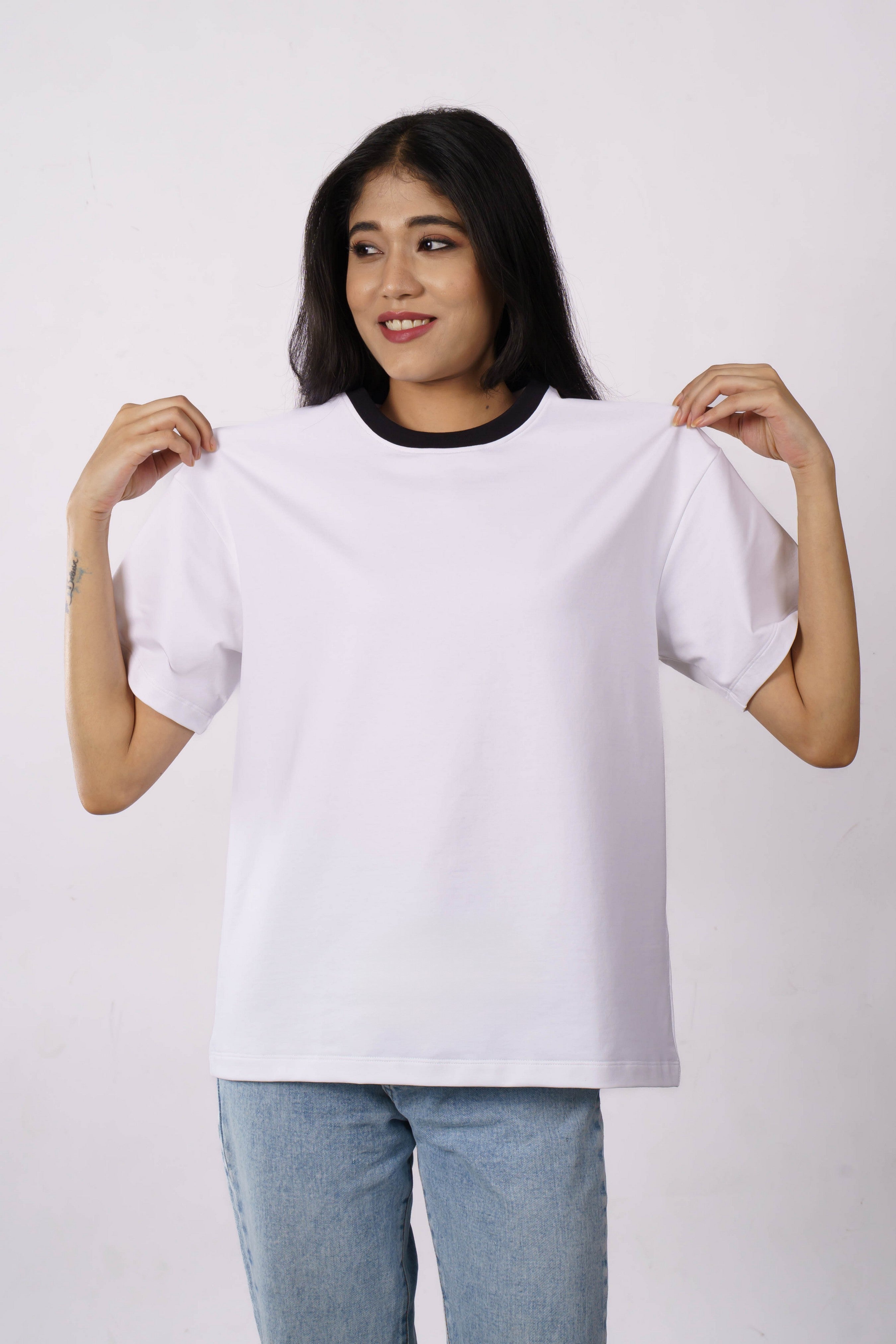 Premium Cotton Terry Lycra Oversized T-Shirt for Women | White | 240 GSM | Ribbed Crew Neck