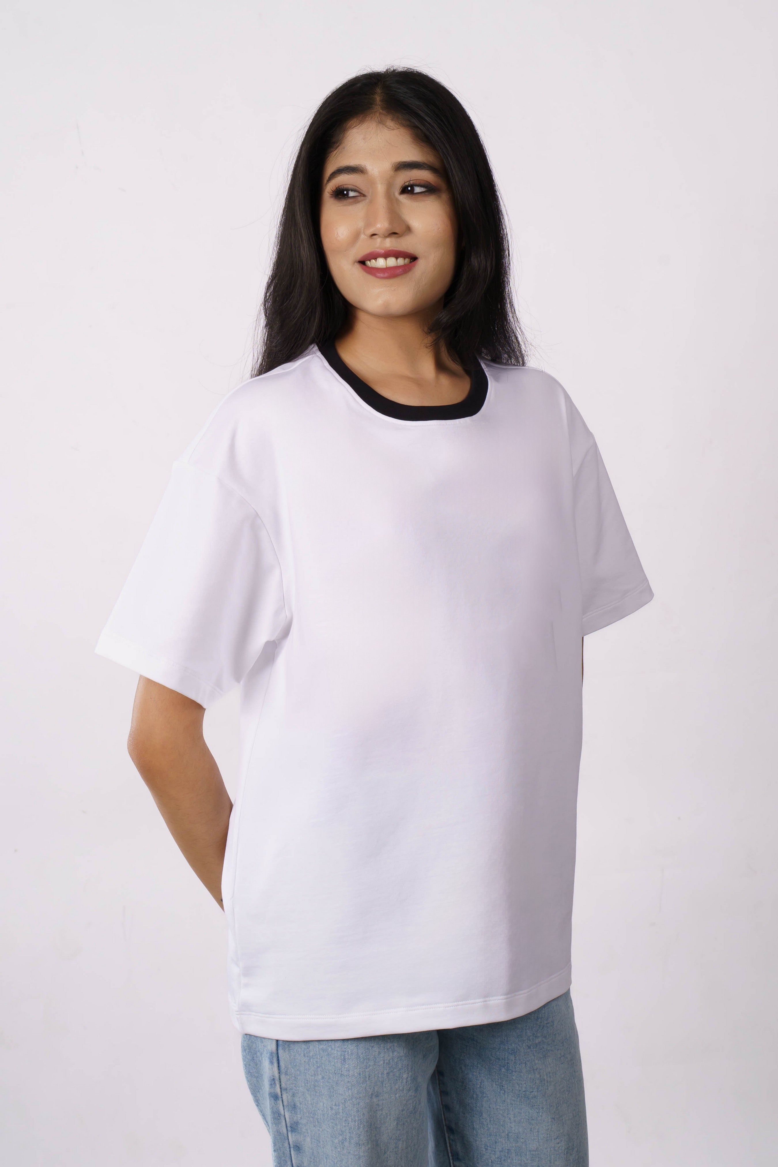 Premium Cotton Terry Lycra Oversized T-Shirt for Women | White | 240 GSM | Ribbed Crew Neck