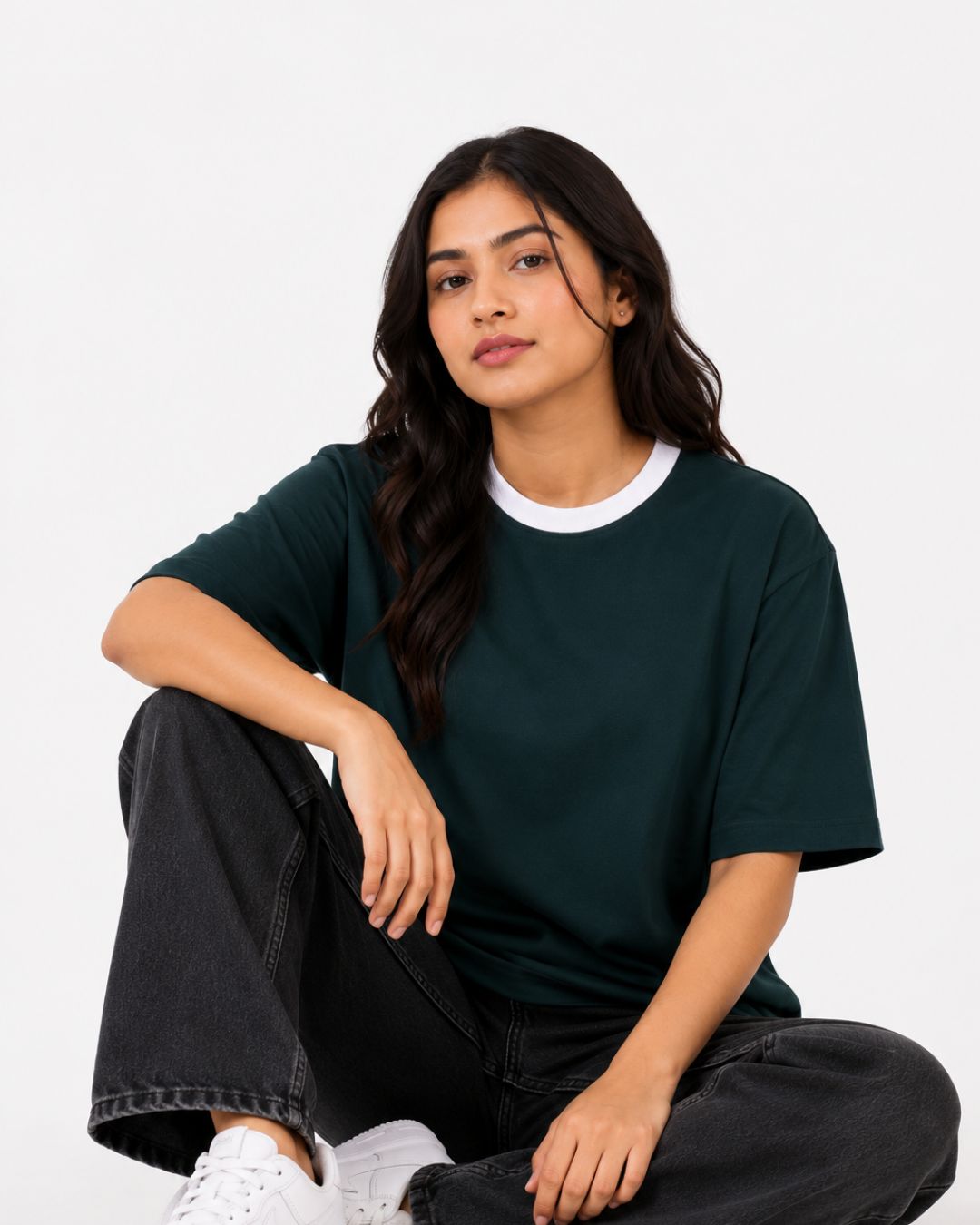 Premium Bottle Green Oversized Plain T-shirt For Women, 240 GSM Fabric