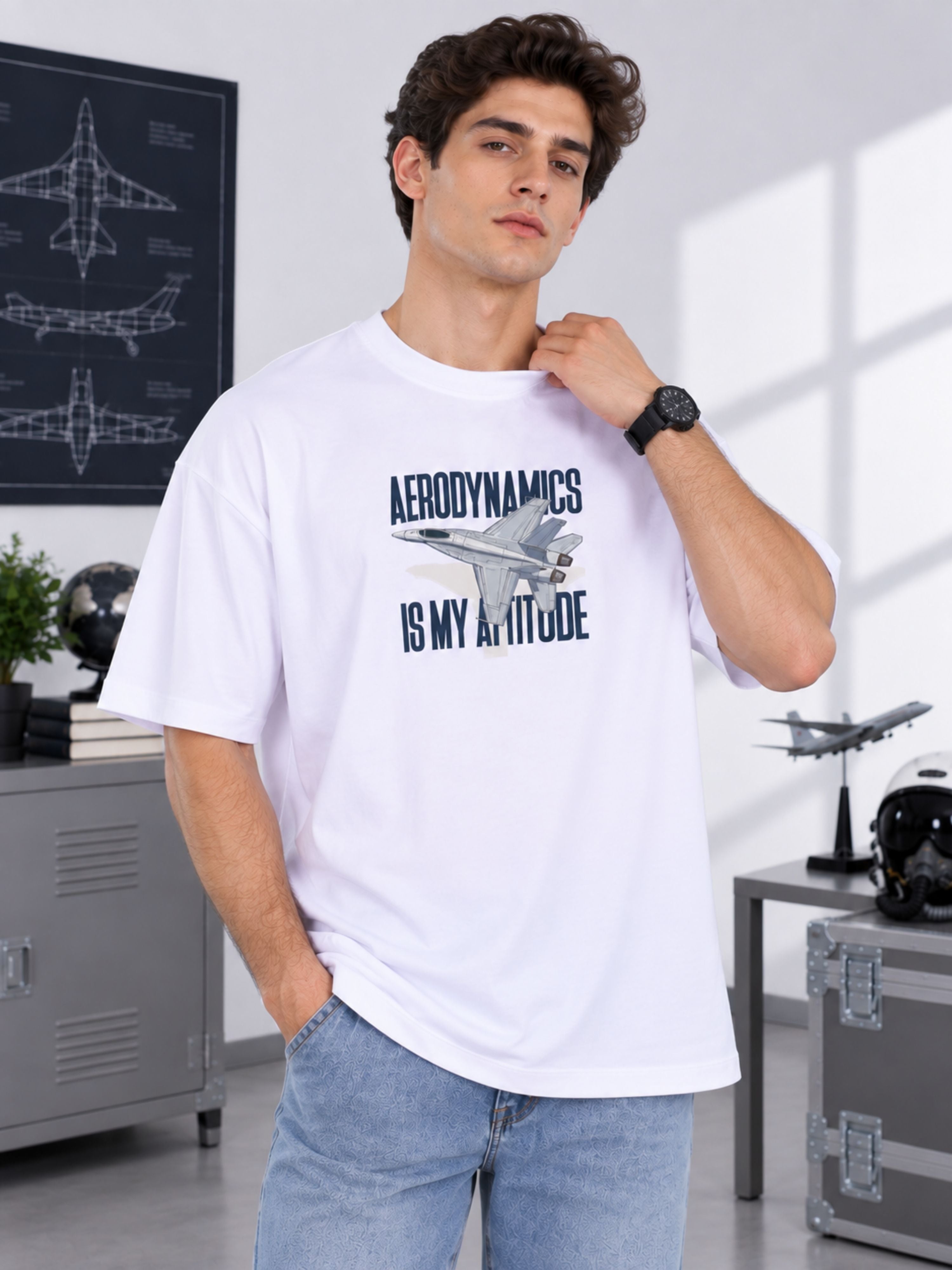 Oversized fit Aeronautical Engineer Quote T Shirt for Men in white with jet graphic and aerodynamics text