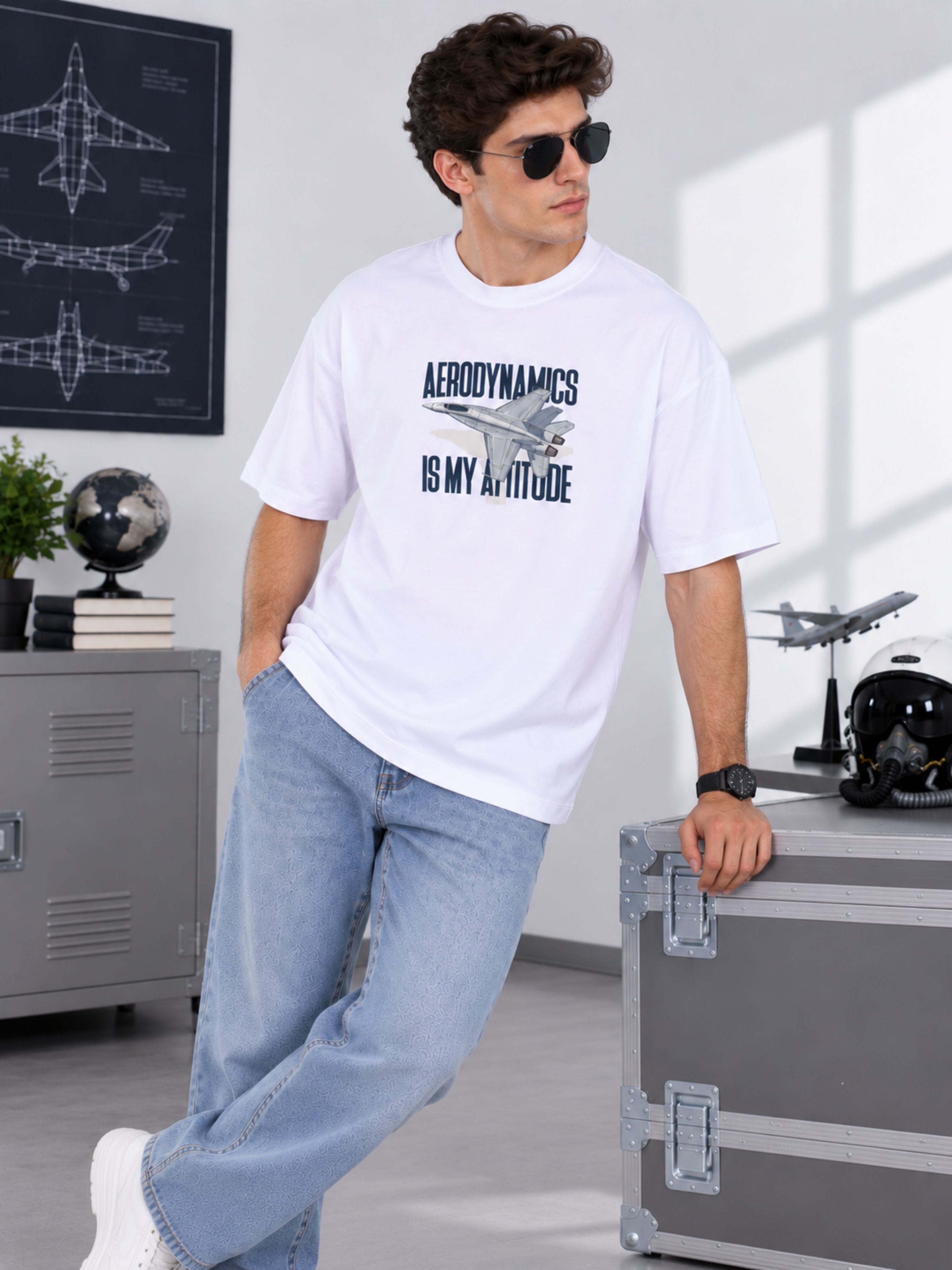 Oversized fit Aeronautical Engineer Quote T Shirt for Men with aerodynamics graphic worn by male model