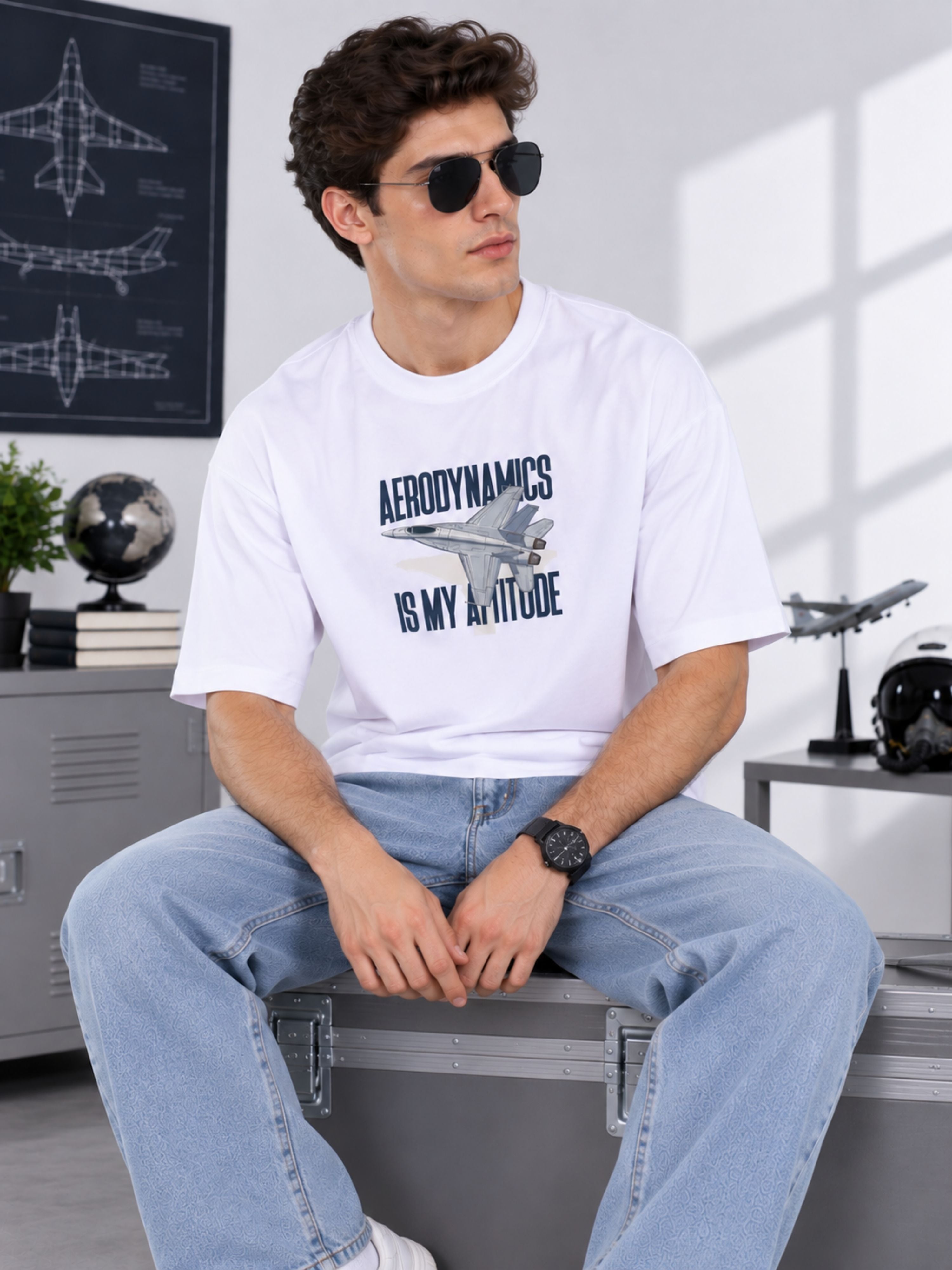 Aeronautical Engineer Quote T Shirt for Men oversized fit white with airplane graphic worn by man with sunglasses