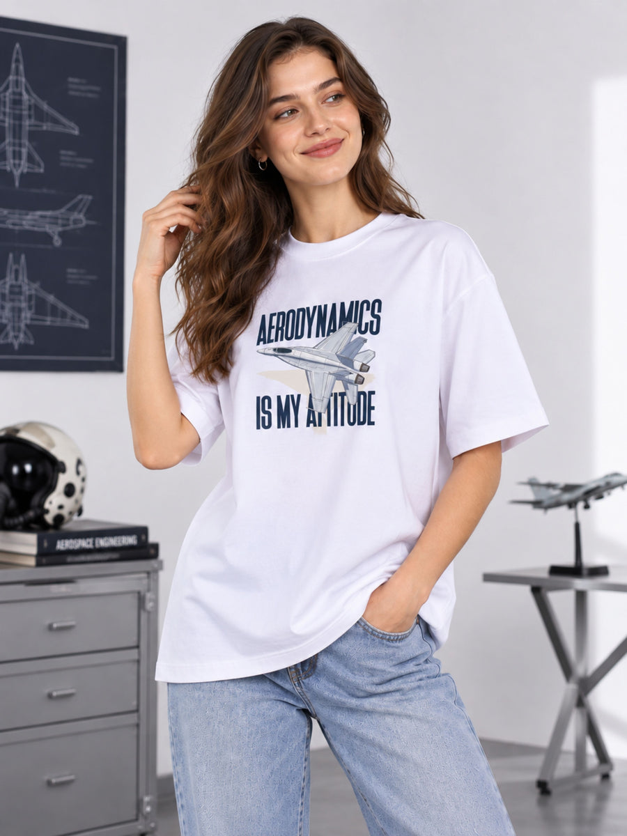Woman wearing oversized fit Aeronautical Engineer Tshirt for Women white with aircraft graphic