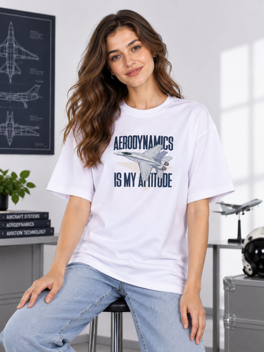 Woman wearing oversized fit Aeronautical Engineer Tshirt for Women with airplane graphic and text in casual setting