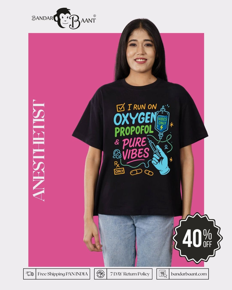Oversized fit black Anesthetist Creative T shirt For Women with colorful medical-themed graphic print