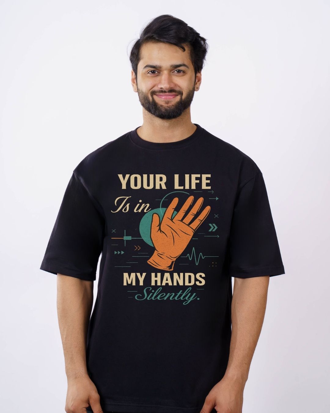 Black oversized fit Anesthetist Designer Tshirt For Men from Bandar Baant Collections with graphic hand design