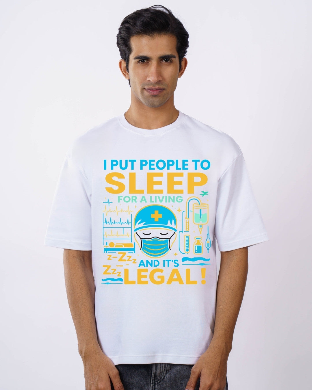 Oversized fit white Anesthetist Funky Tshirt For Men with colorful medical graphics and text