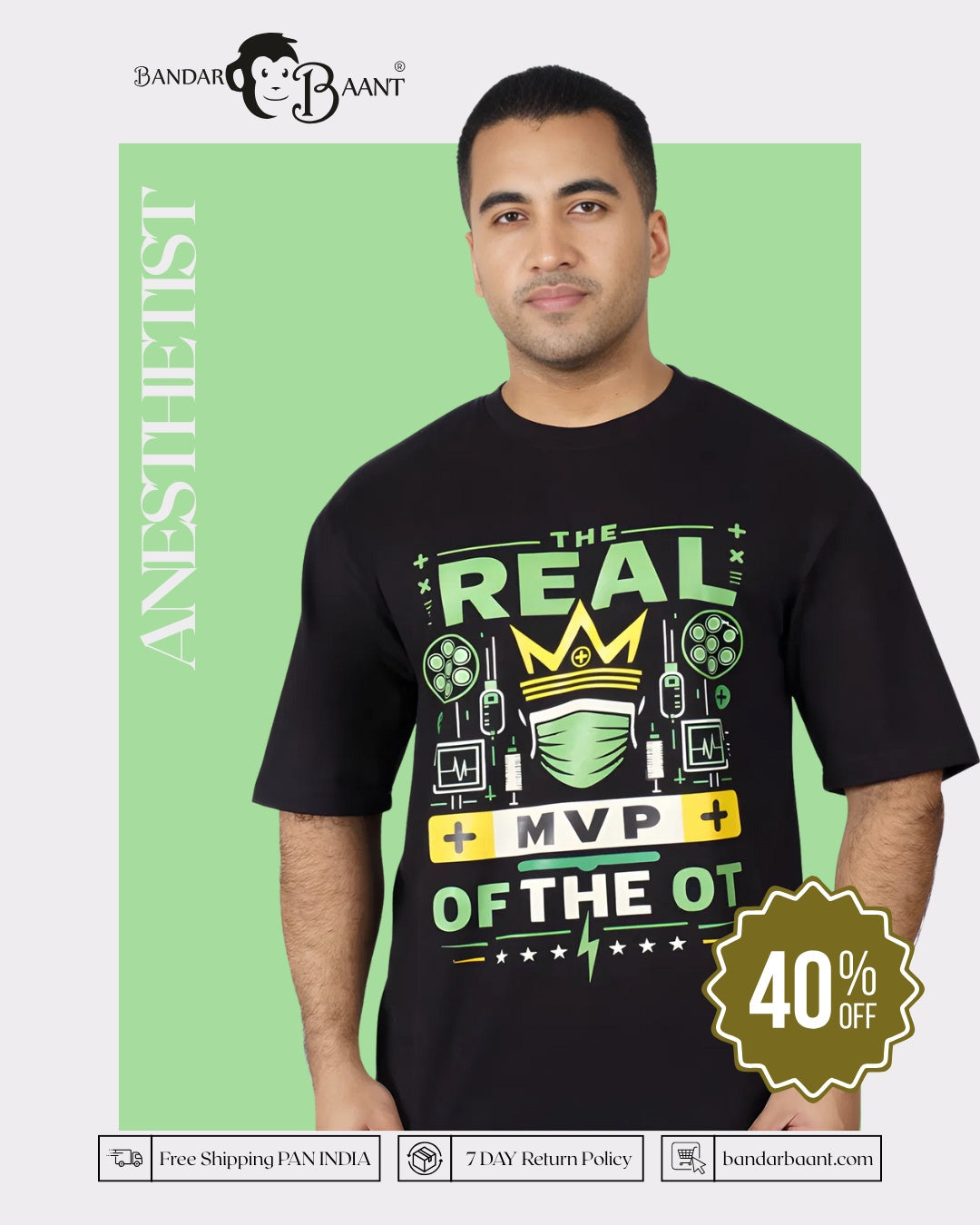 Bandar Baant Collections oversized fit Anesthetist Graphic T Shirt For Men in black with medical themed design