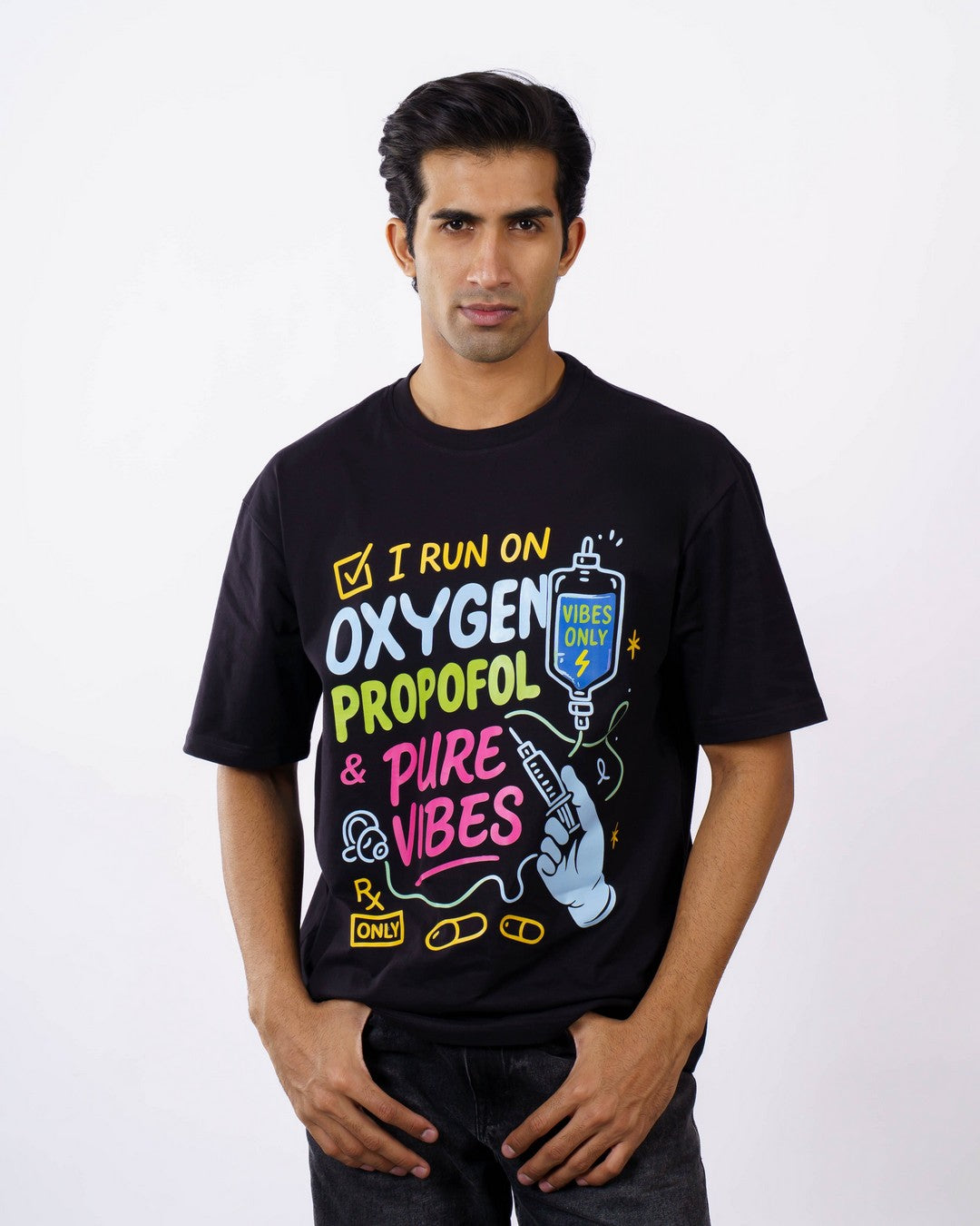Anesthetist Quote T-shirt For Men black oversized fit tshirt with colorful medical graphic and text design