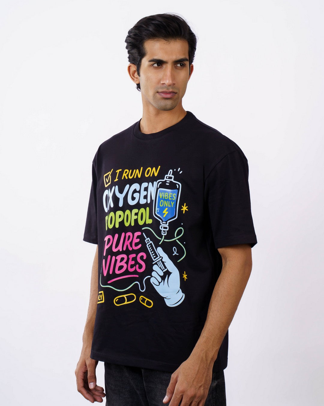 Oversized fit Anesthetist Quote T-shirt For Men in black with colorful medical graphic design