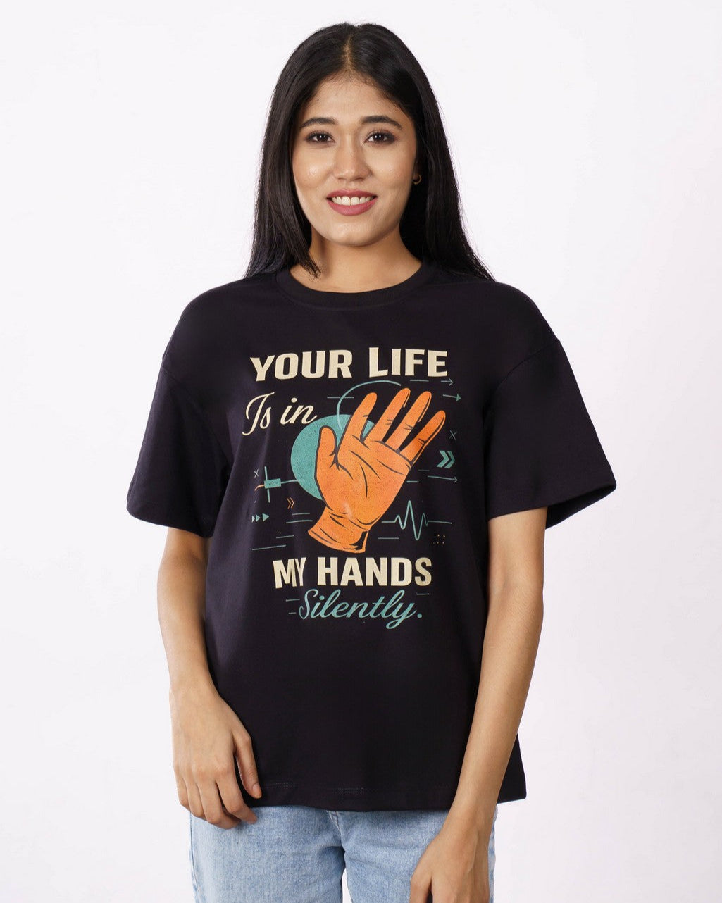 Bandar Baant Collections oversized fit Anesthetist T Shirt For Women in black with graphic print