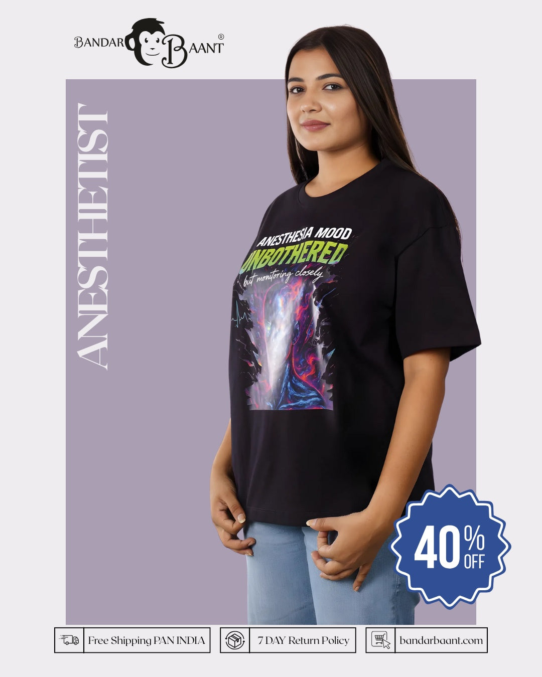 Bandar Baant Collections oversized fit Anesthetist Tshirt For Women in black with graphic print and casual style