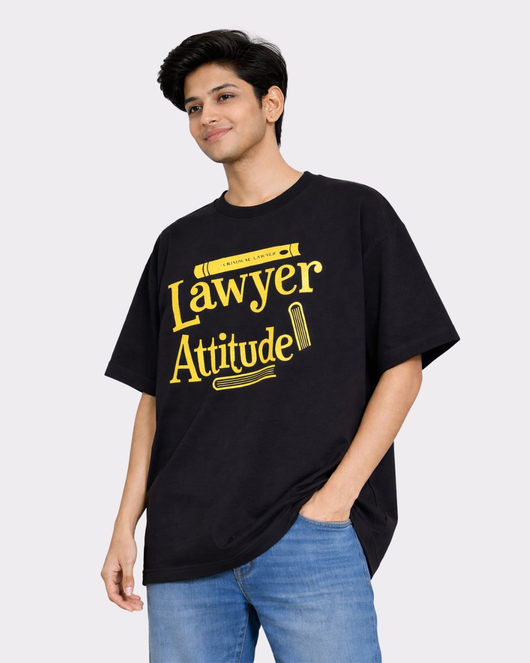 Man wearing black Lawyer Oversized Funky T-Shirt For Men with yellow print from Bandar Baant Collections