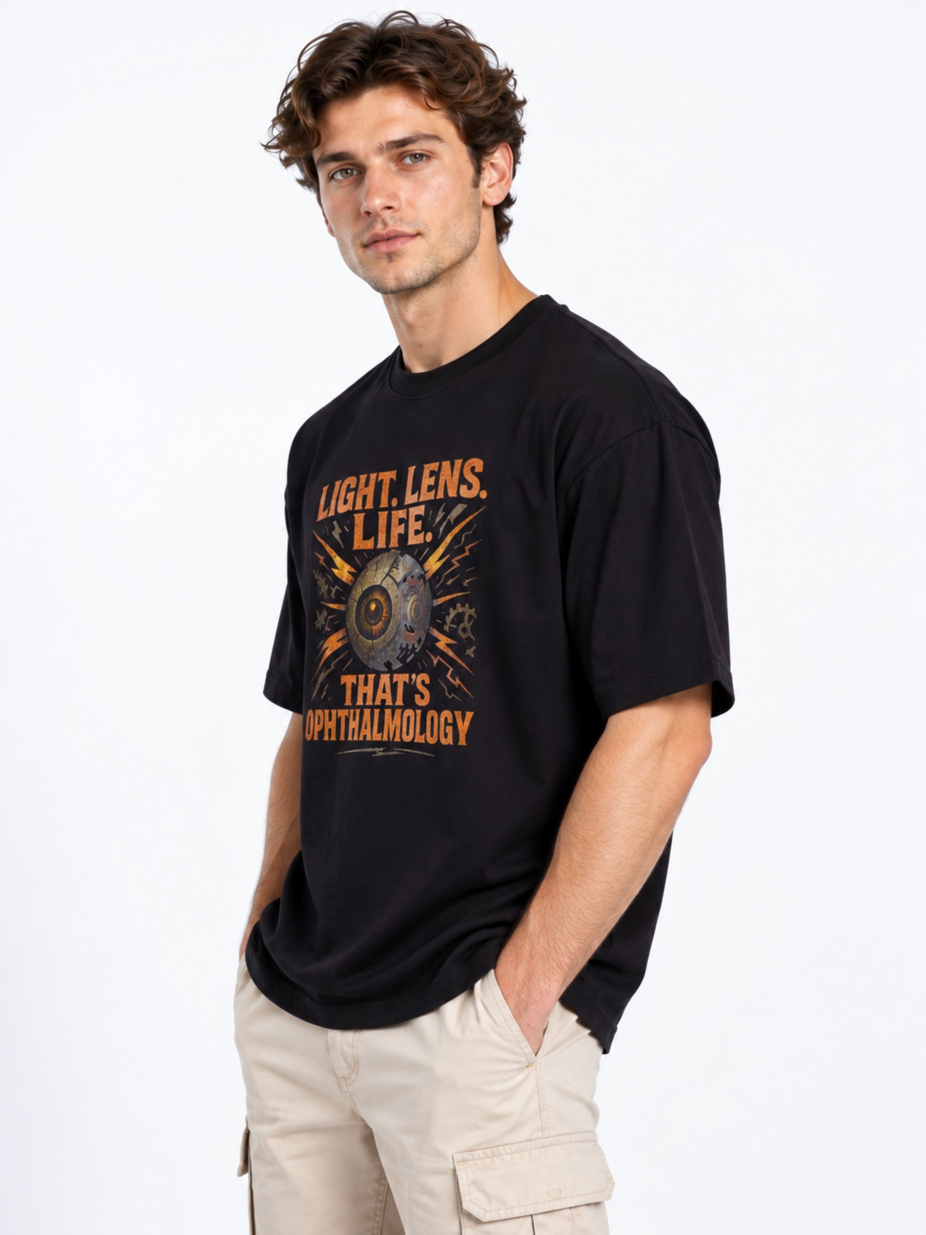 Black oversized fit Opthalmologist T-shirt For Men with light lens and ophthalmology graphic design