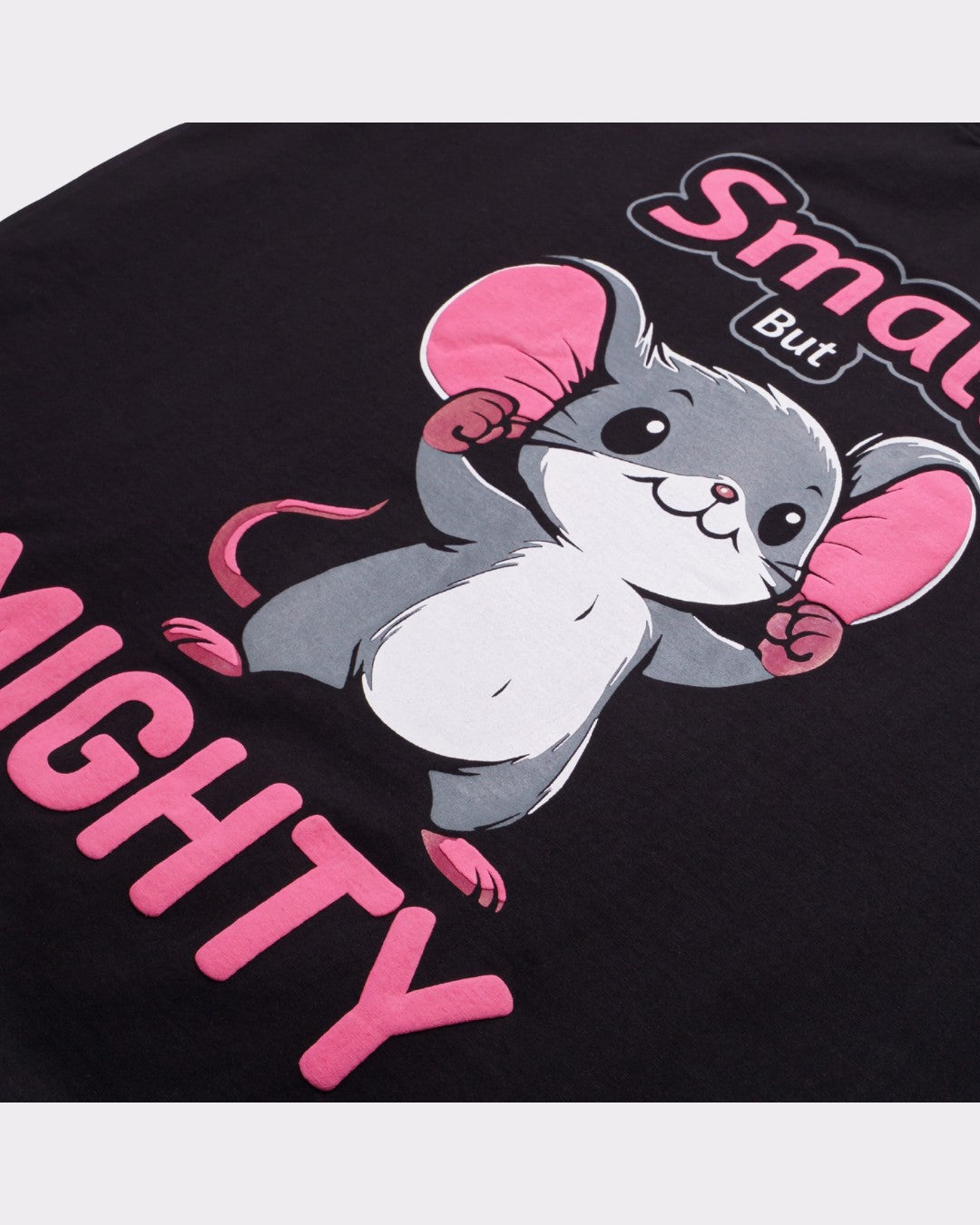 Animal Archetype Oversized T-Shirt For Men with cute gray mouse cartoon design in pink and white