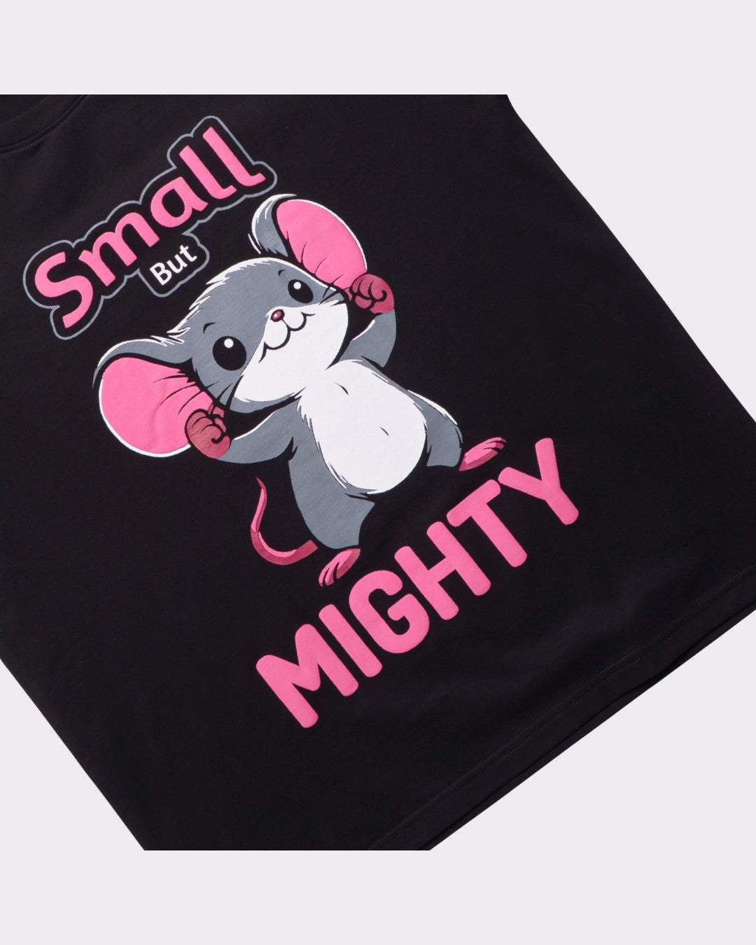 Animal Archetype Oversized T-Shirt For Men in black featuring a cute cartoon mouse with Small But Mighty text