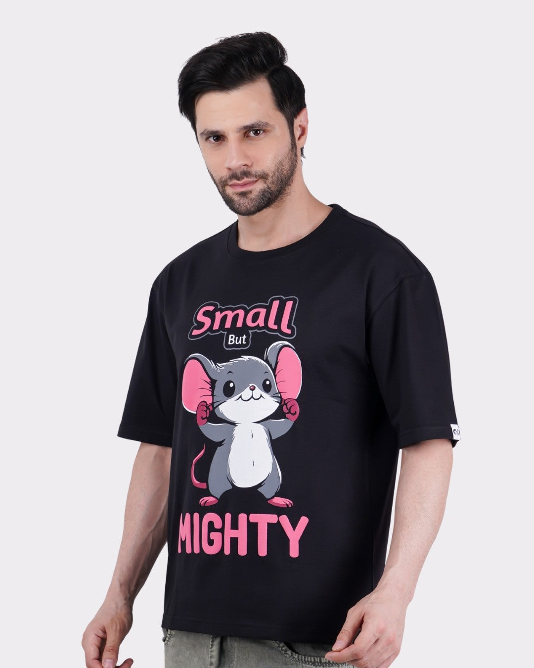 Animal Archetype Oversized T-Shirt For Men black with cute mouse graphic and small but mighty text