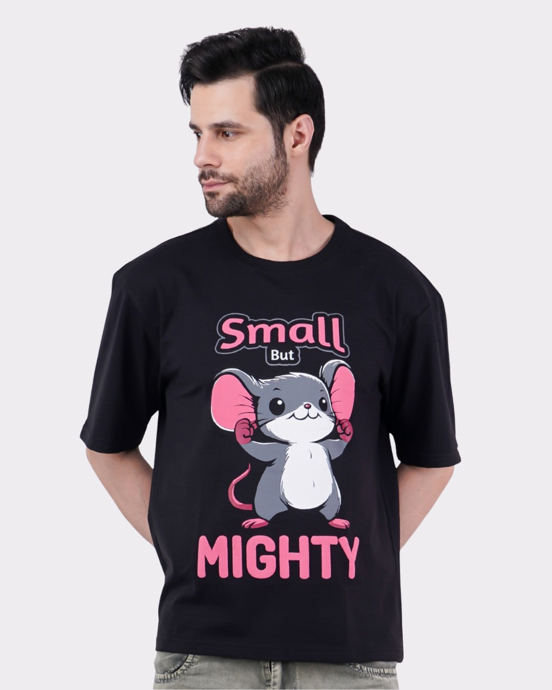 Animal Archetype Oversized T-Shirt For Men featuring small but mighty mouse graphic in black