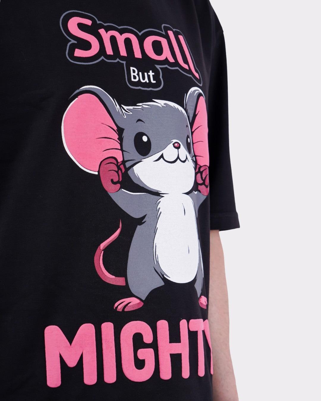 Animal Archetype Oversized T-Shirt For Men with a cute mouse graphic and text small but mighty in pink