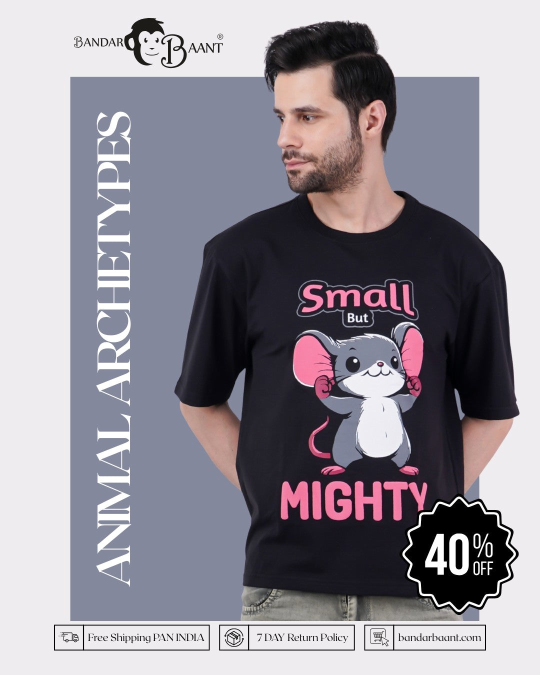 Animal Archetype Oversized T-Shirt For Men black with small but mighty mouse graphic by Bandar Baant Collections