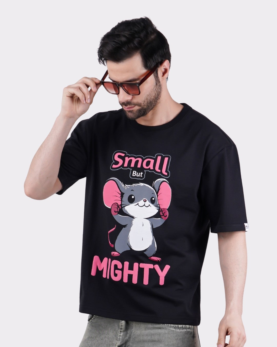 Animal Archetype Oversized T-Shirt For Men in black with cartoon mouse graphic and small but mighty text