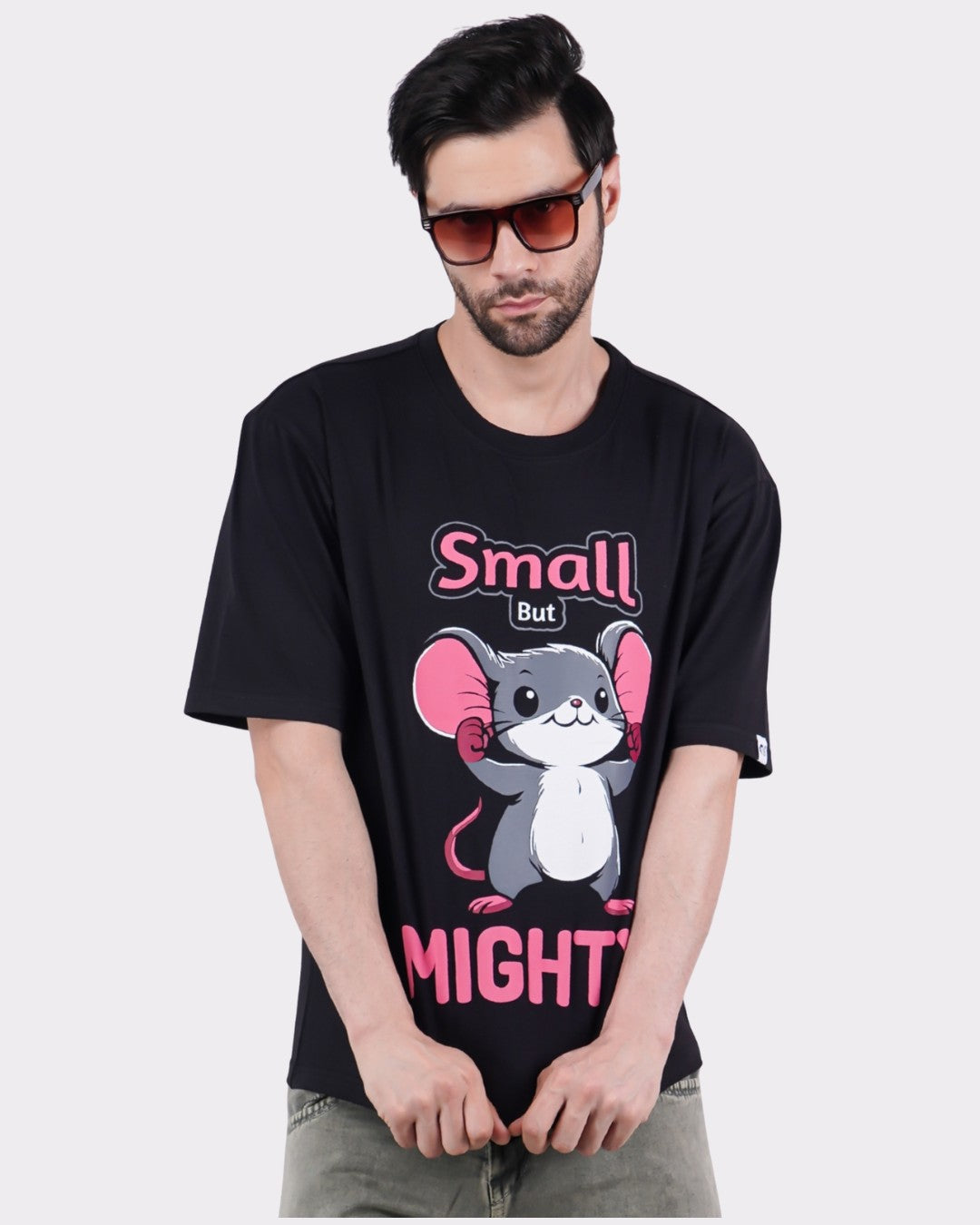 Animal Archetype Oversized T-Shirt For Men black with cute cartoon mouse graphic and small but mighty text