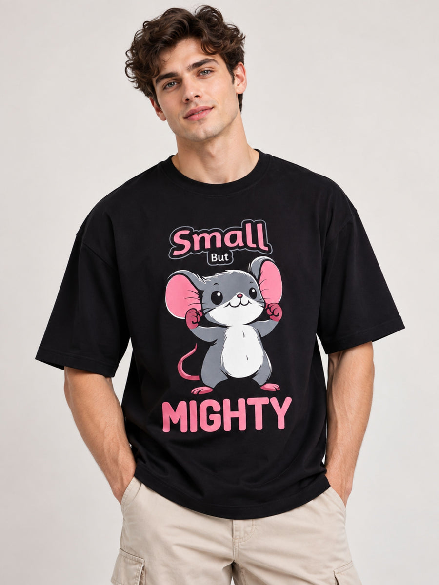 Animal Oversized T-Shirt For Men black with cute cartoon mouse and Small But Mighty text