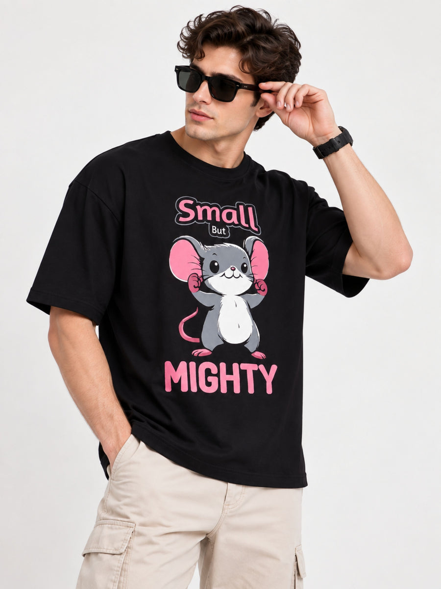Black Animal Oversized T-Shirt For Men with cute small but mighty mouse graphic worn by male model