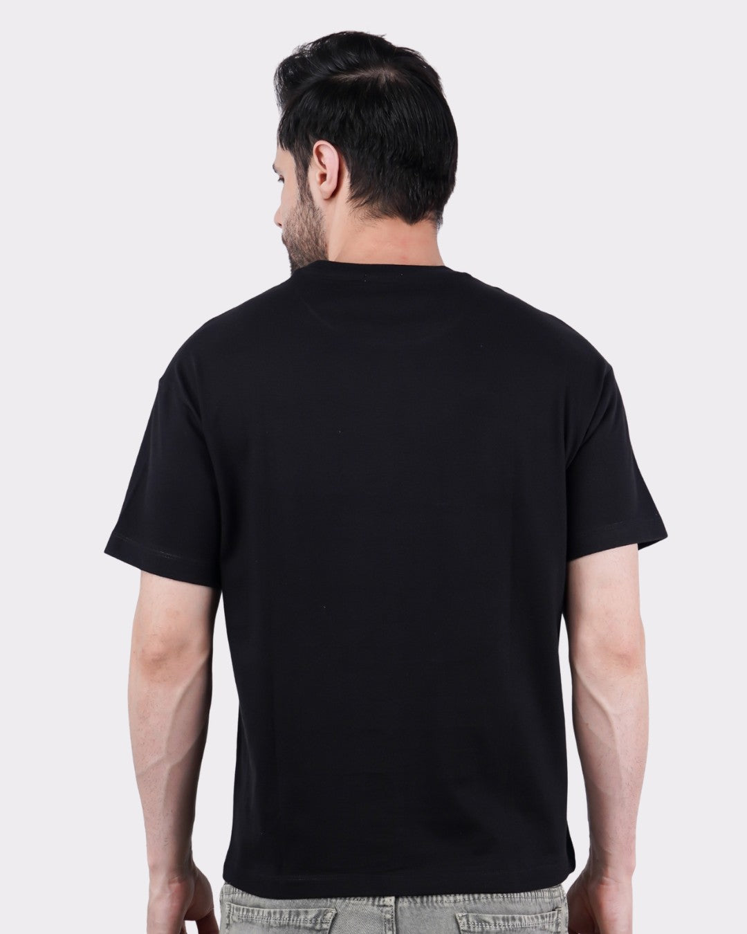Back view of Animal Printed Oversized T-Shirt for Men in black from Bandar Baant Collections