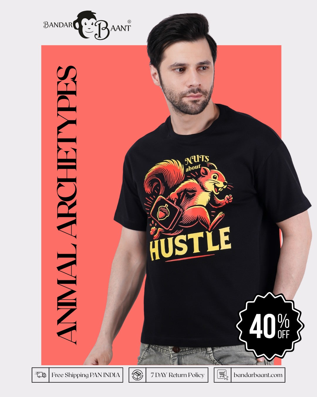 Bandar Baant Collections Animal Printed Oversized T-Shirt for Men with squirrel graphic and hustle text