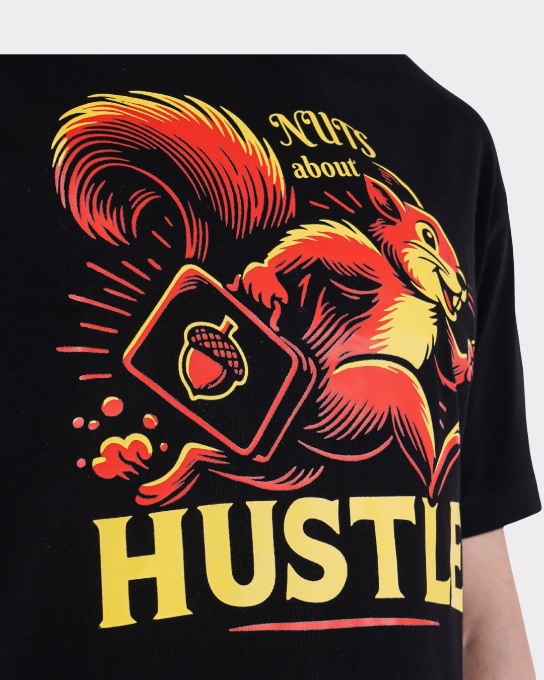 Animal Printed Oversized T-Shirt for Men by Bandar Baant Collections with colorful squirrel graphic and hustle text