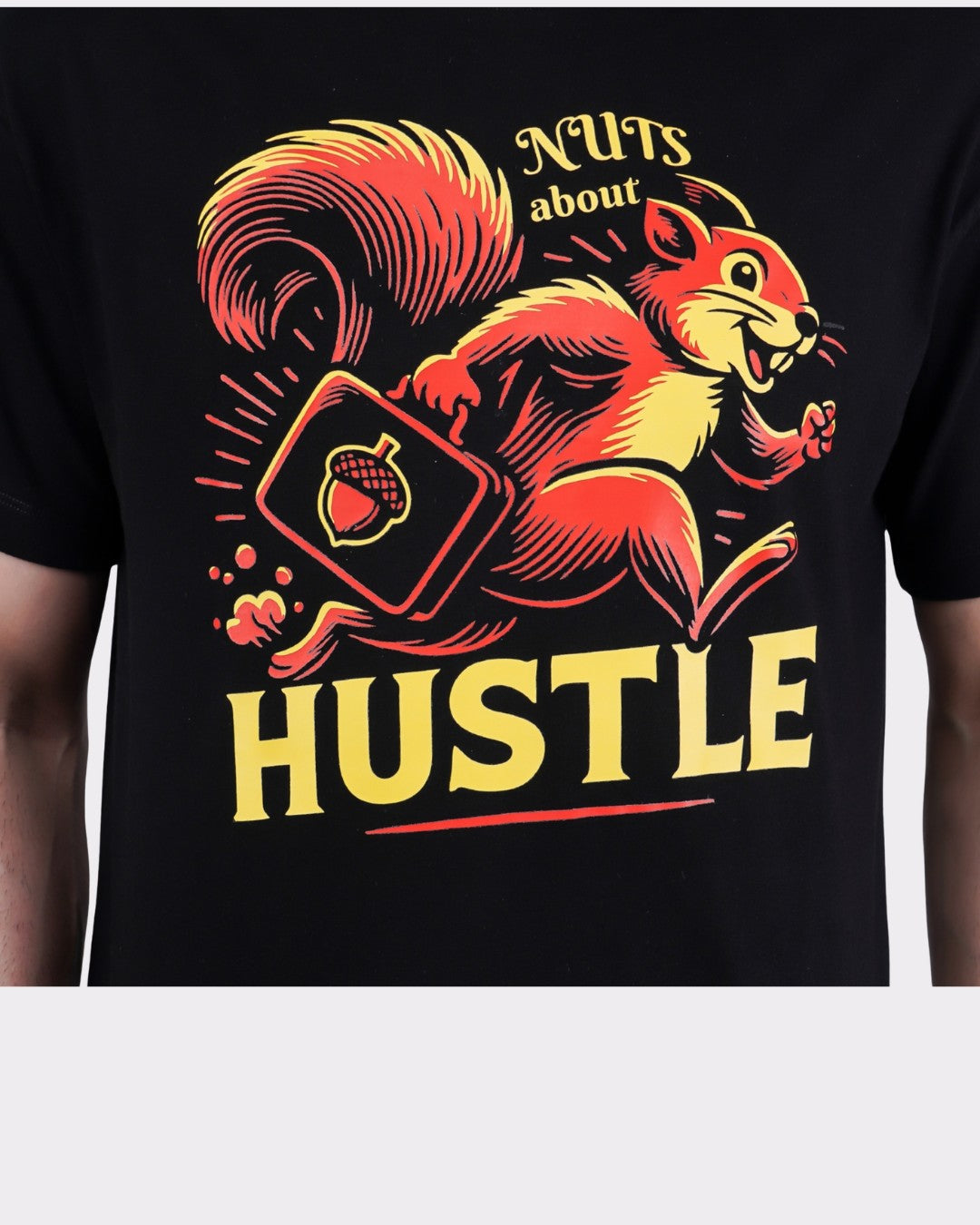 Animal Printed Oversized T-Shirt for Men featuring colorful squirrel graphic with hustle text from Bandar Baant Collections