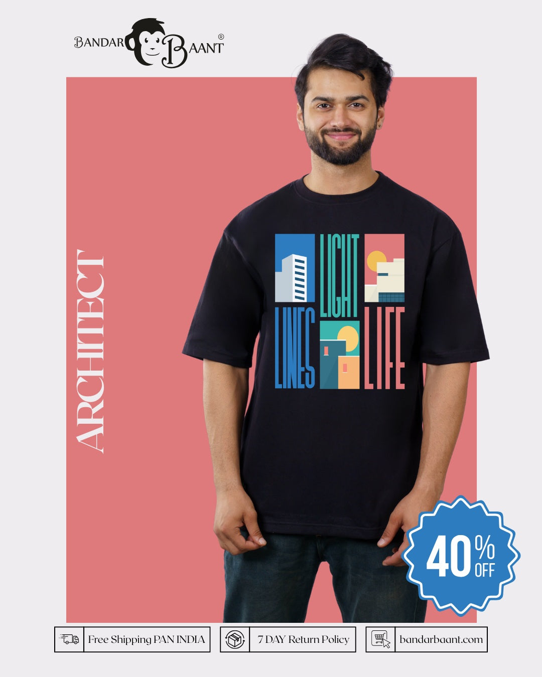 Architect Printed T-shirt For Men oversized fit black tee with colorful architectural design