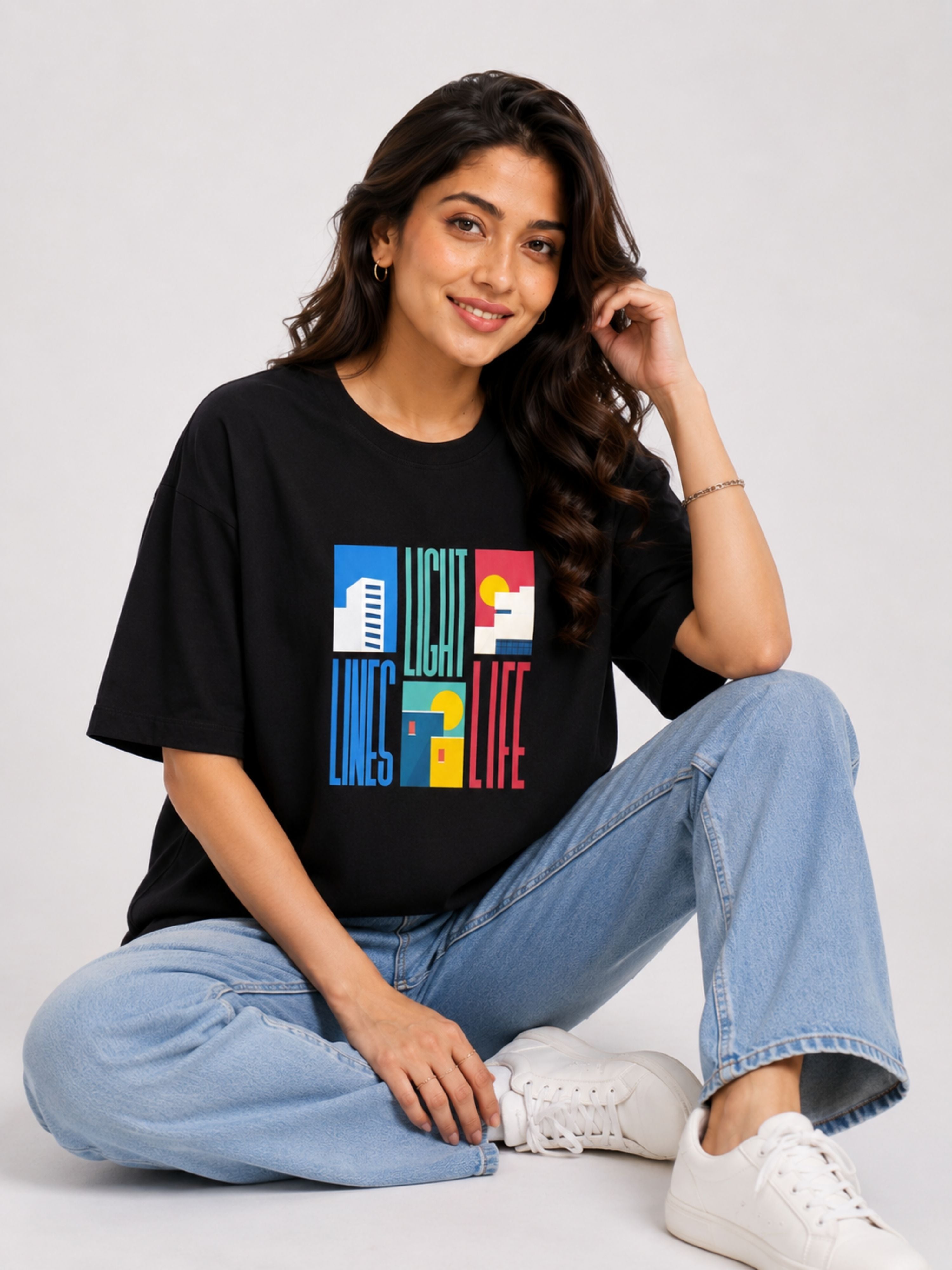 Black oversized fit Architect Printed T-shirt For Women with I Sell Solutions graphic worn by male model