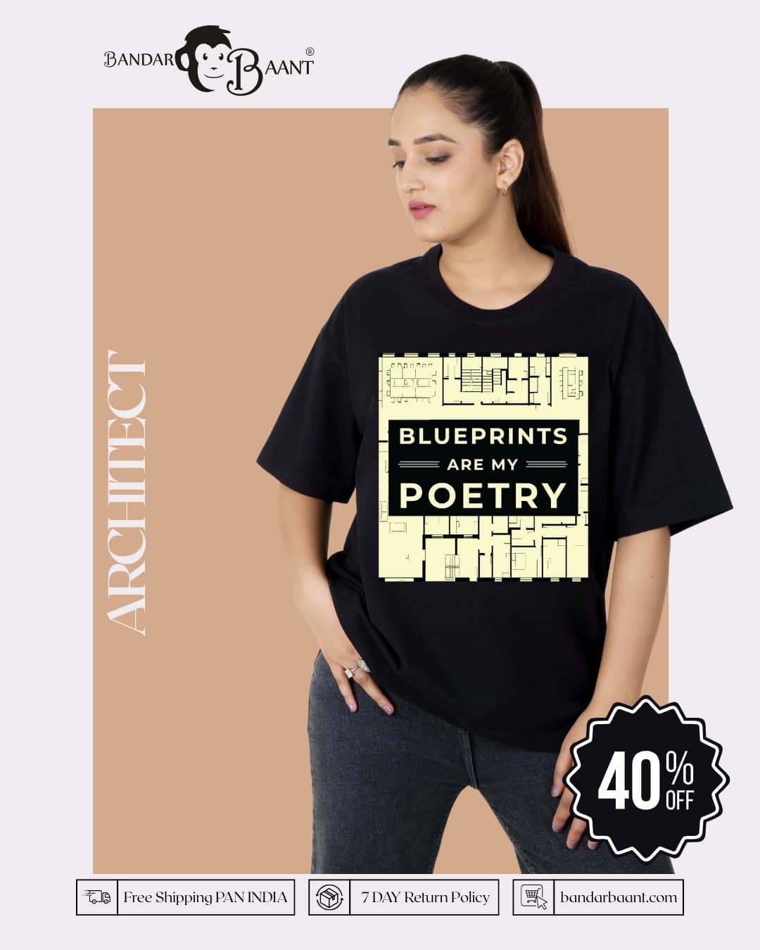 Black oversized fit Architect Printed Tshirt For Women with blueprint design and poetry text by Bandar Baant Collections