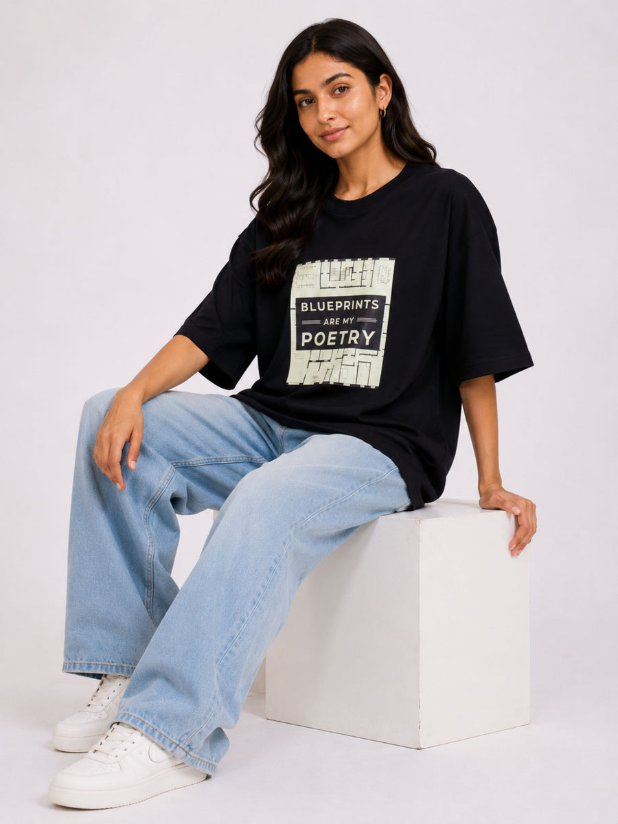 Architect Printed Tshirt For Women oversized fit black tshirt with blueprint design from Bandar Baant Collections