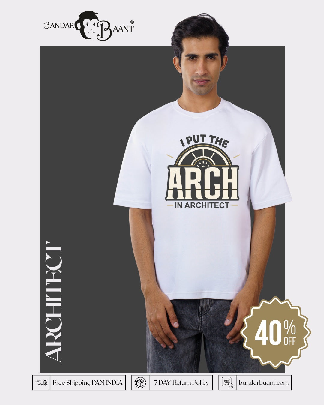 Bandar Baant oversized fit Architect Quote Tshirt For Men in white with printed design and casual style