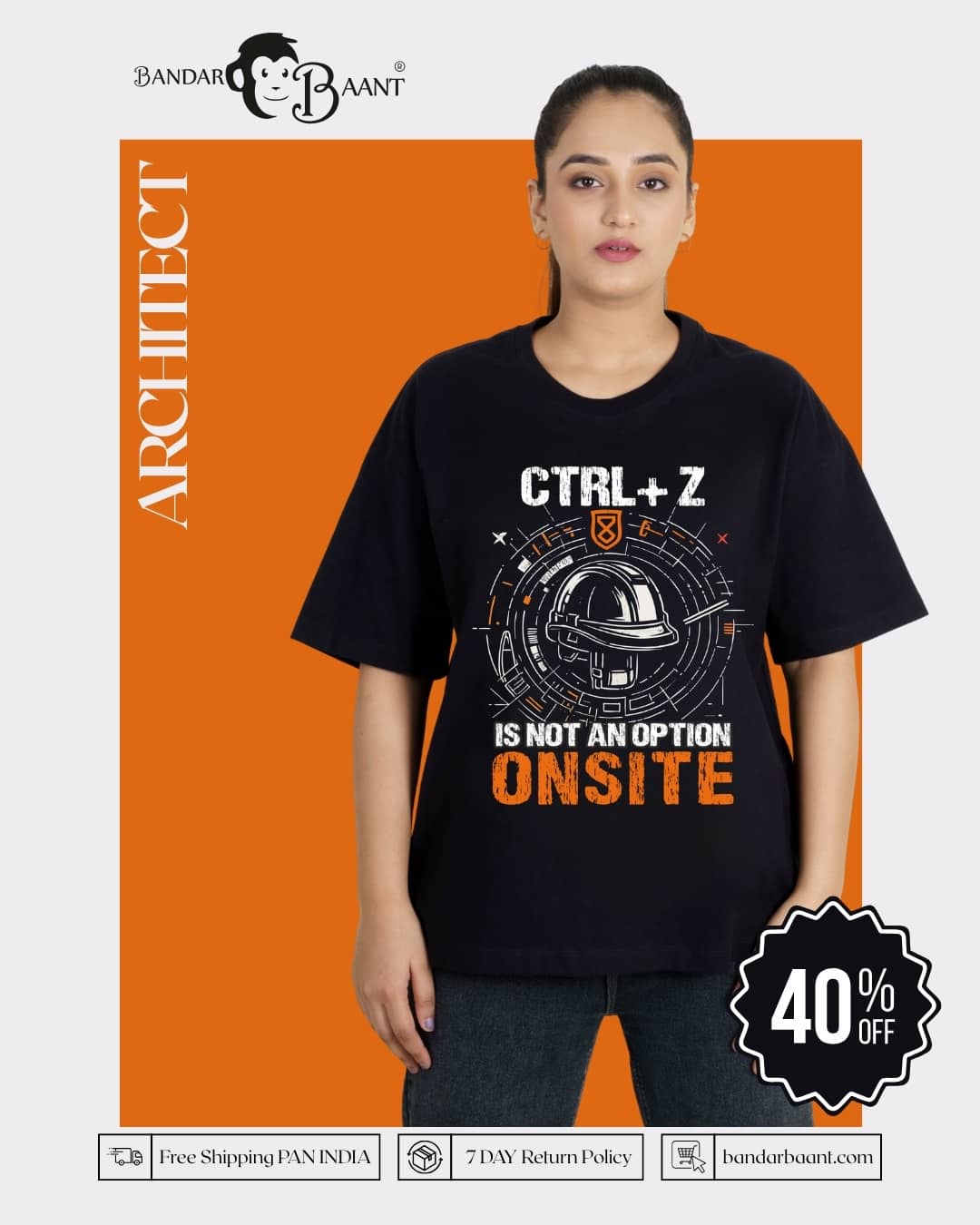 Architect Trendy T-shirt For Women black oversized fit tshirt with onsite construction graphic by Bandar Baant Collections