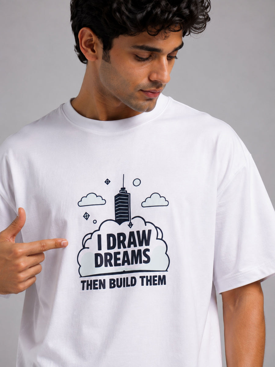 Woman wearing oversized fit white Architect Trendy Tshirt For Men with mountain ice print