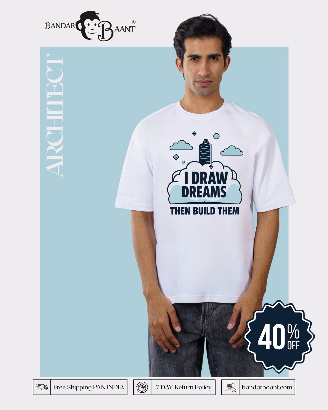 Bandar Baant Collections oversized fit Architect Trendy Tshirt For Men in white with graphic print and blue background
