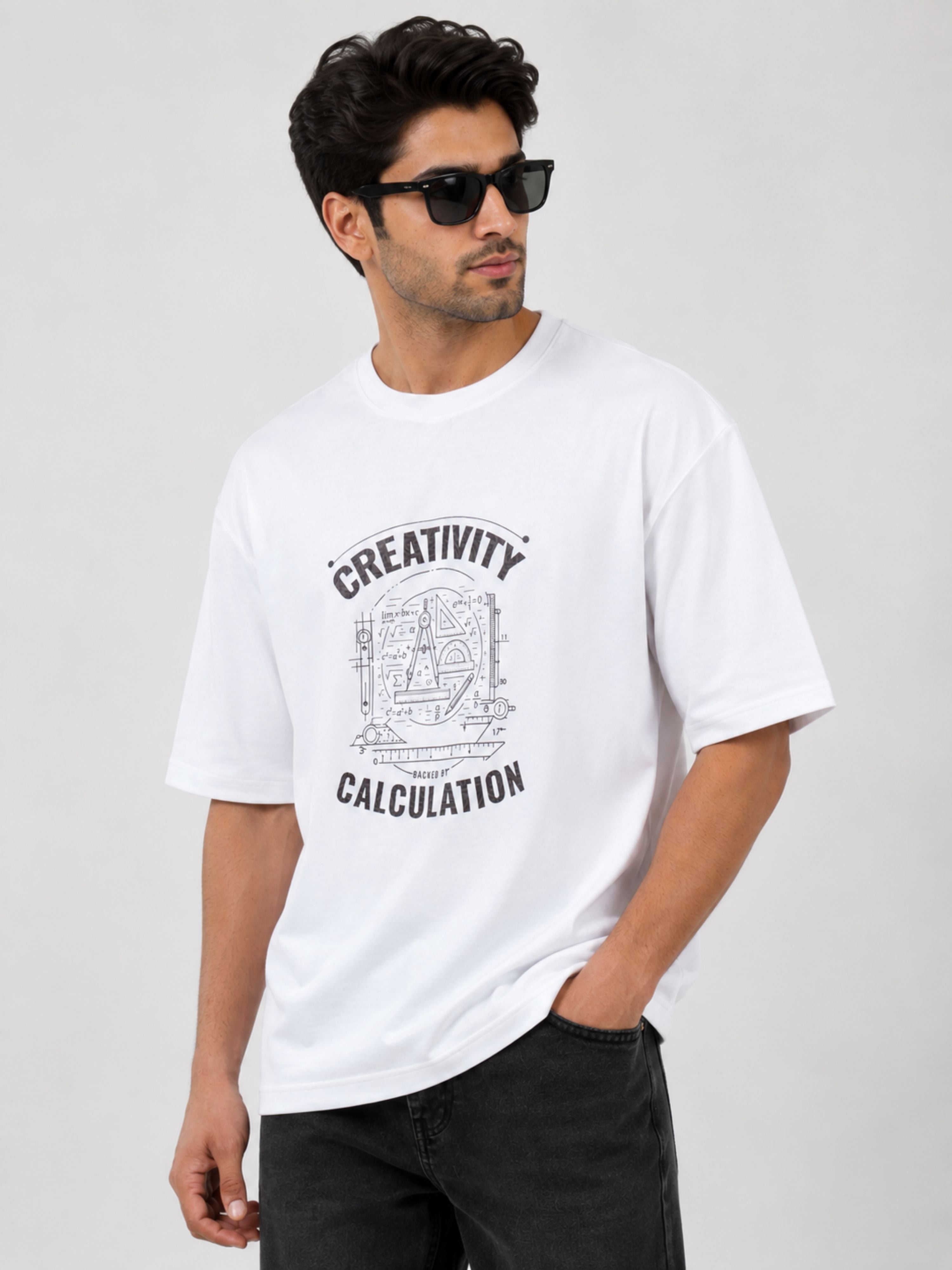 Back view of a man wearing an oversized fit Architect Tshirt For Men in white by Bandar Baant Collections