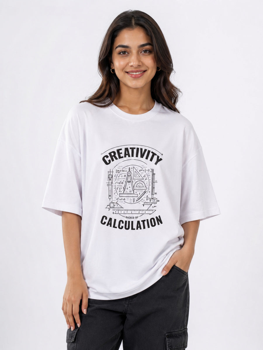 Oversized fit Architect Graphic Tshirt For Women in white with creativity and calculation design