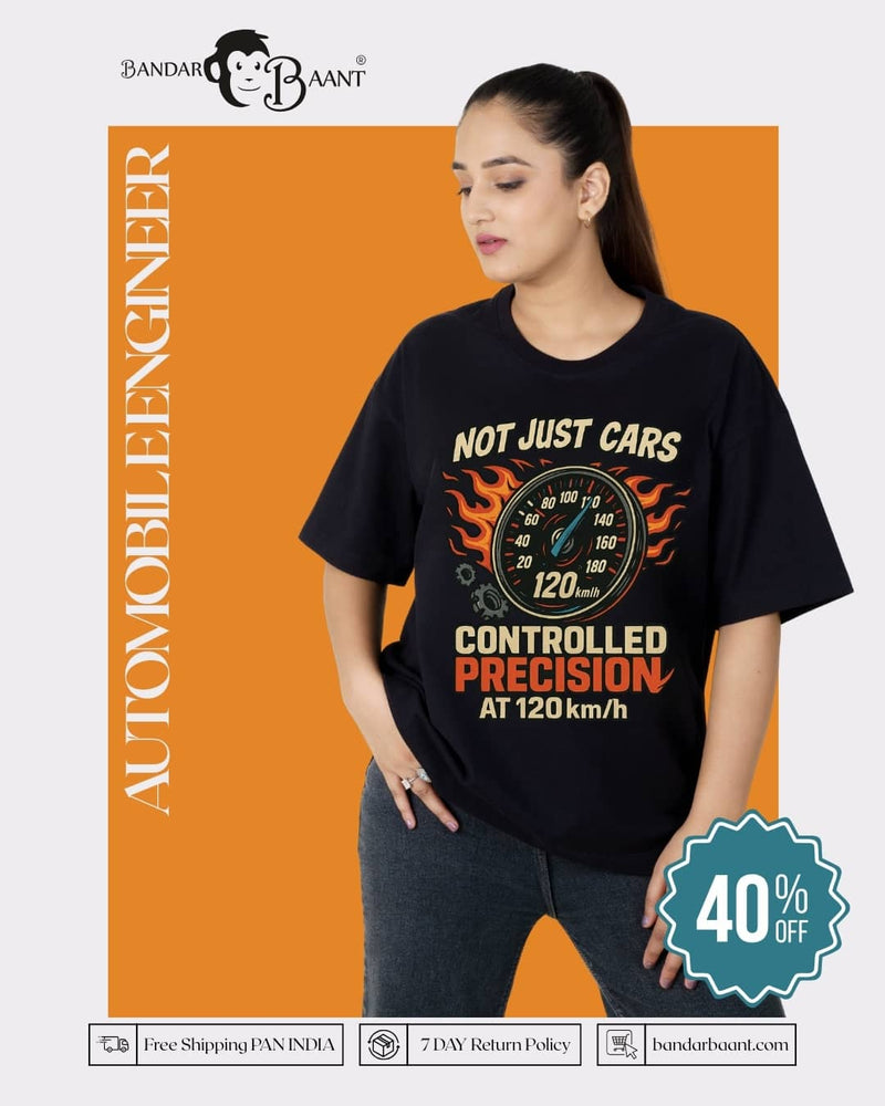 Bandar Baant Oversized fit Automobile Engineer T-shirt For Women with speedometer graphic and flame design