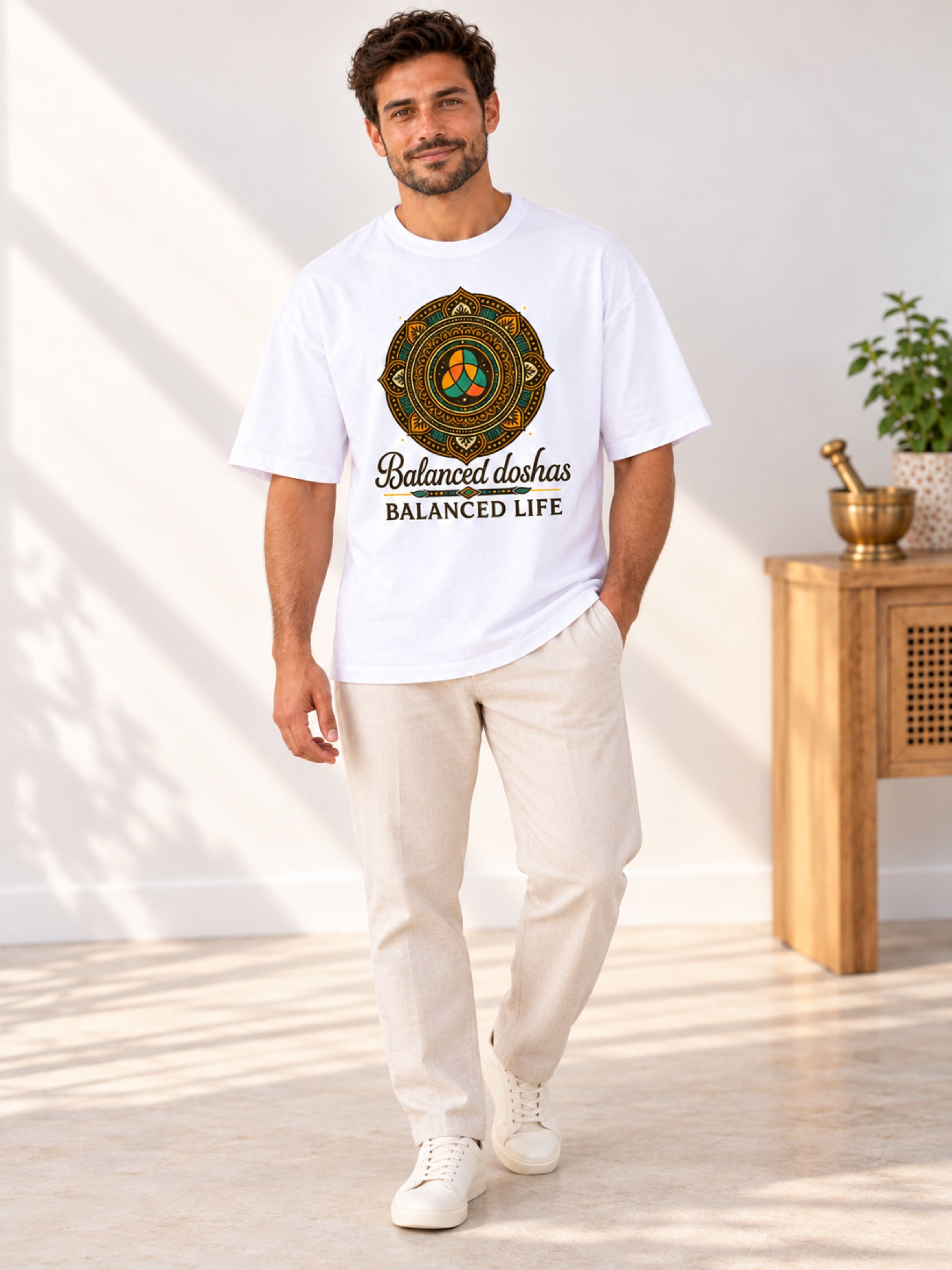 Ayurvedic Doctor Statement Tshirt For Men oversized fit white tee with balanced doshas design