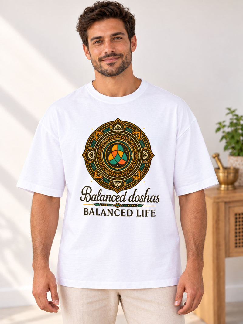 Oversized fit Ayurvedic Doctor Statement Tshirt For Men in white with balanced doshas graphic and relaxed style