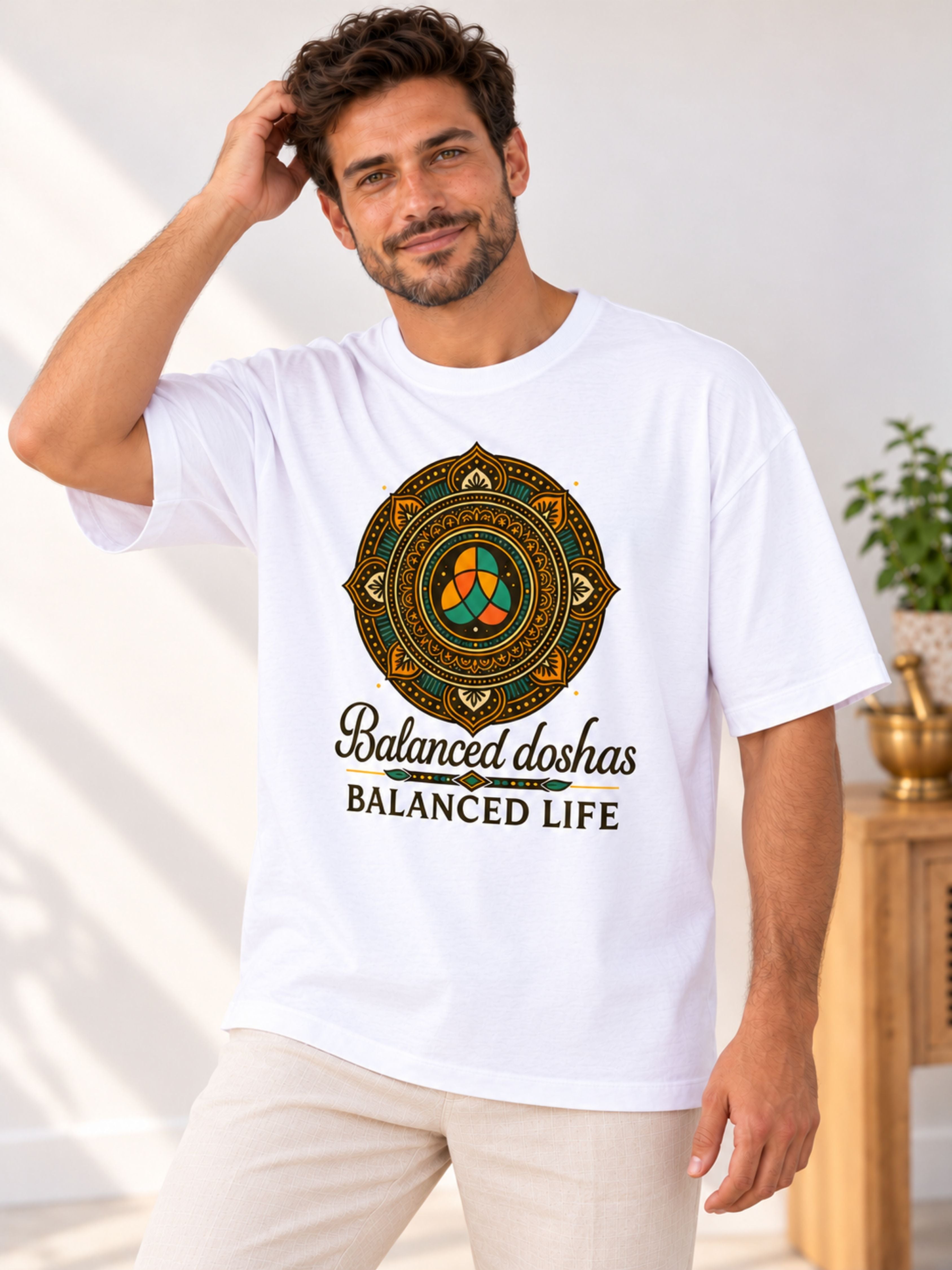 Oversized fit Ayurvedic Doctor Statement Tshirt For Men in white with balanced doshas design