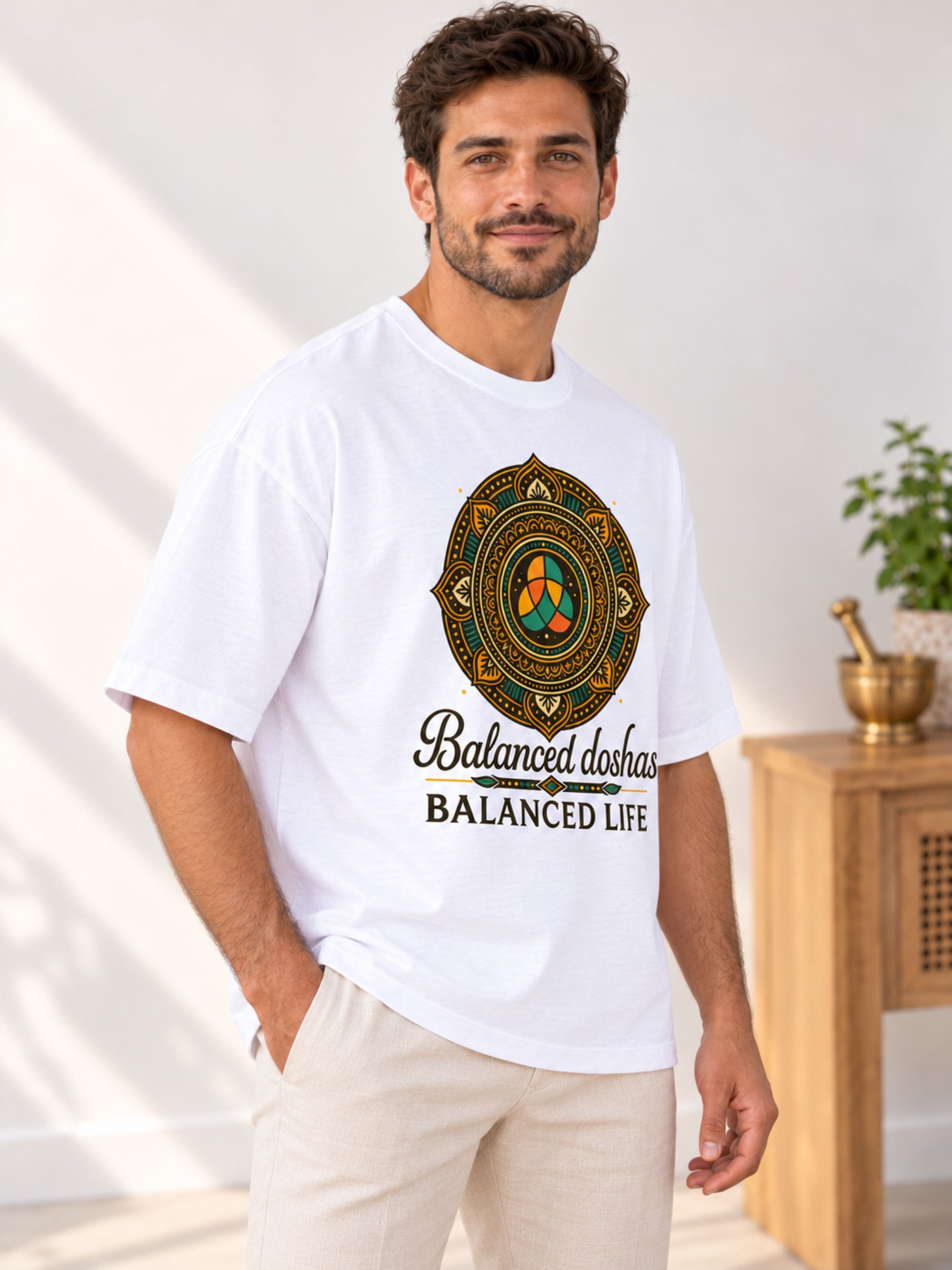 Ayurvedic Doctor Statement Tshirt For Men oversized fit white tshirt with balanced doshas design