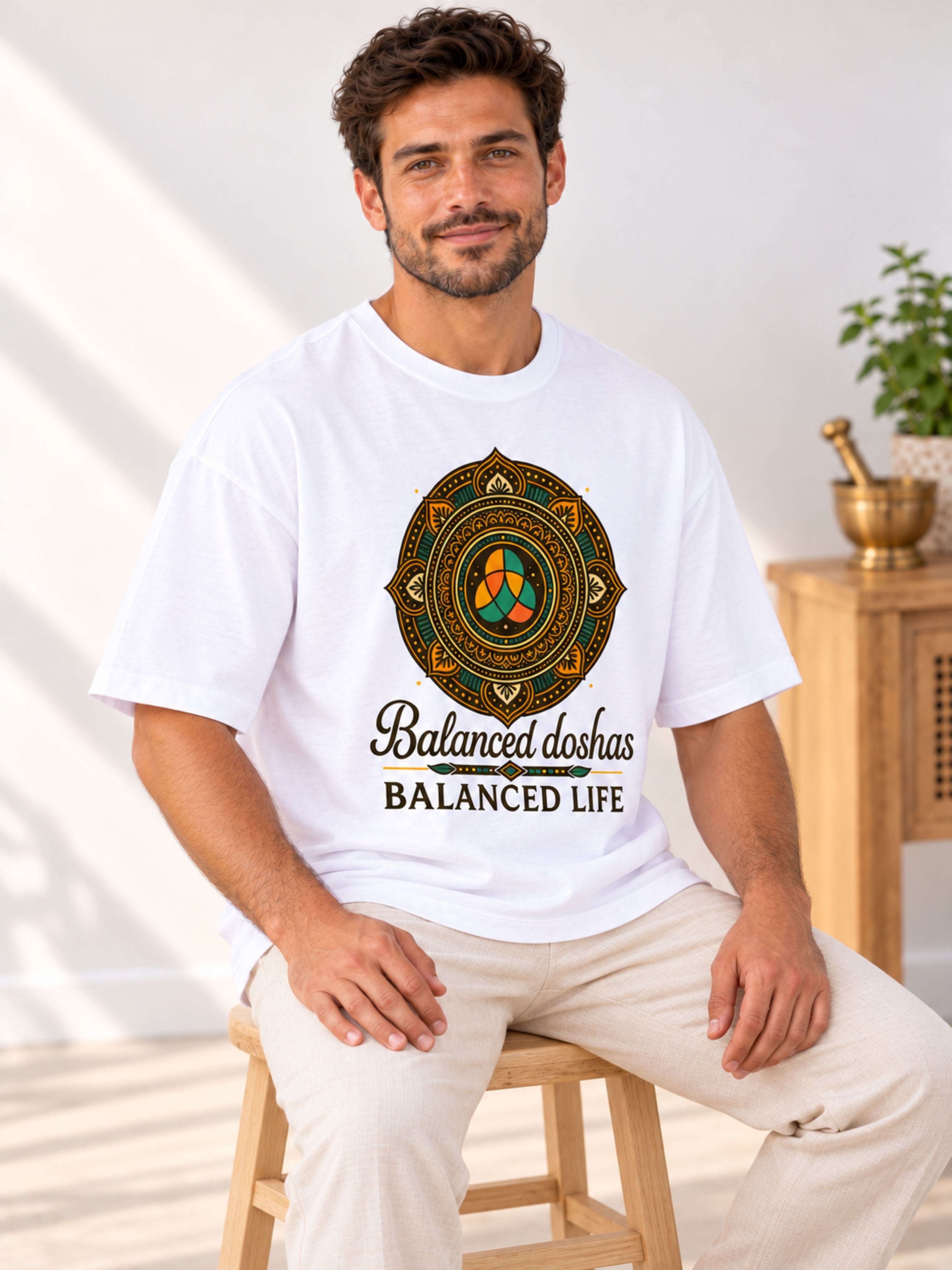 Oversized fit white Ayurvedic Doctor Statement Tshirt For Men with balanced doshas graphic worn by a seated man