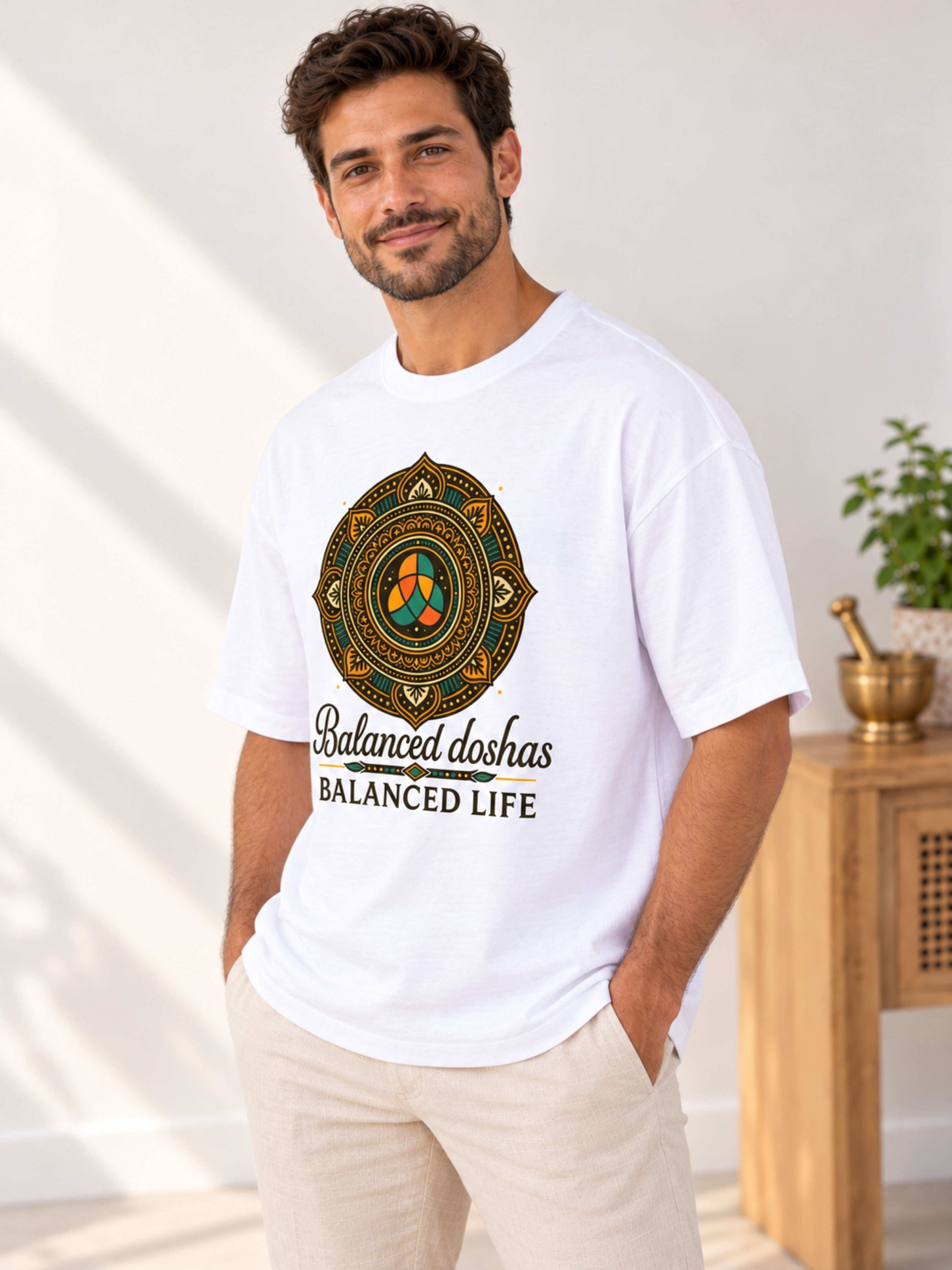 Ayurvedic Doctor Statement Tshirt For Men oversized fit white tshirt with balanced doshas graphic and text