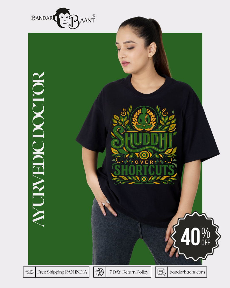Ayurvedic Doctor Stylish Tshirt For Girls oversized fit black t-shirt with green and yellow design by Bandar Baant Collections